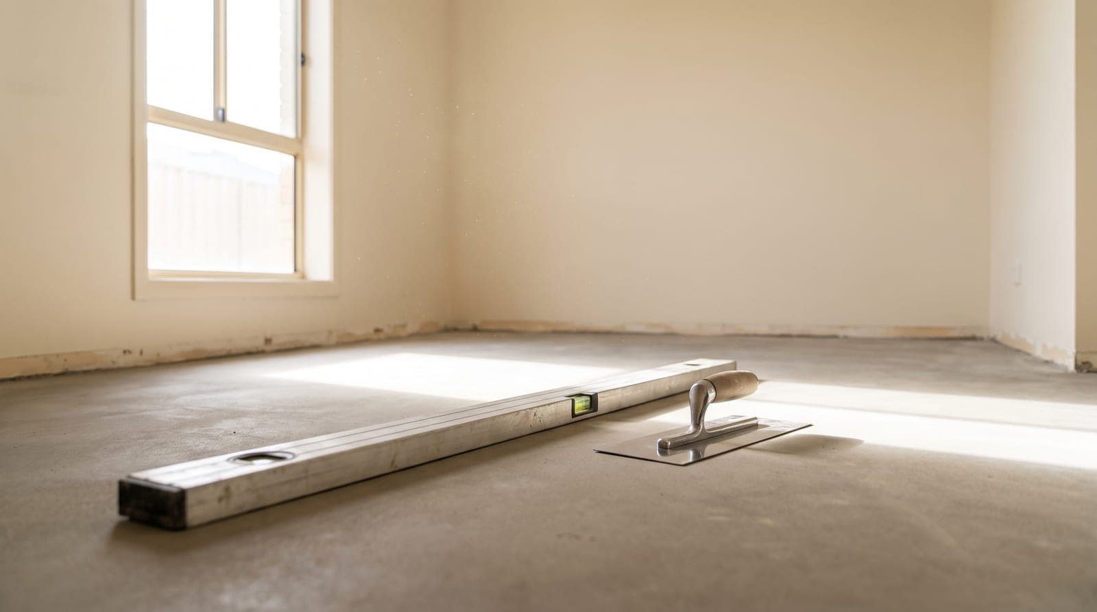 A spirit level and trowel resting on a bare concrete subfloor in an empty room before new flooring is laid