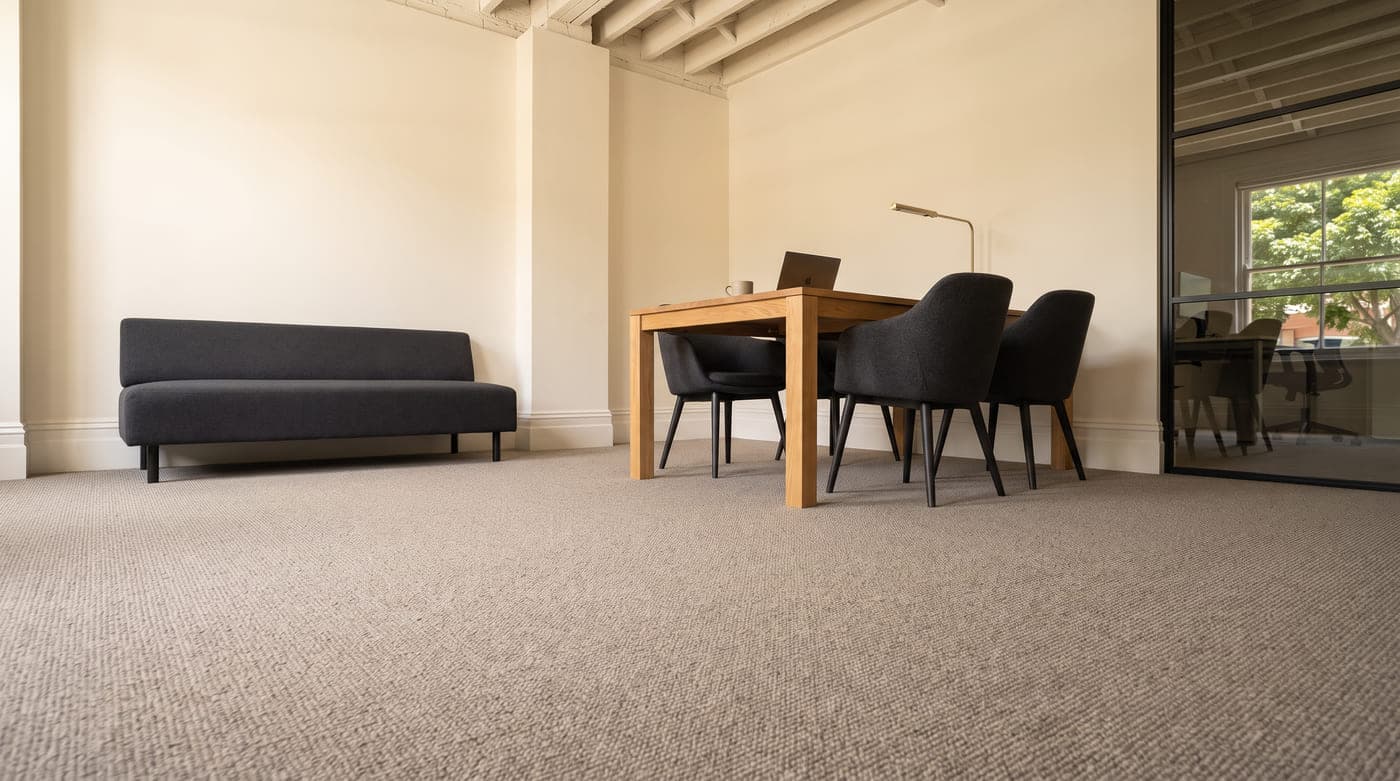 Meeting area in a Sydney workplace with warm greige loop-pile commercial carpet, an oak table and charcoal upholstered chairs