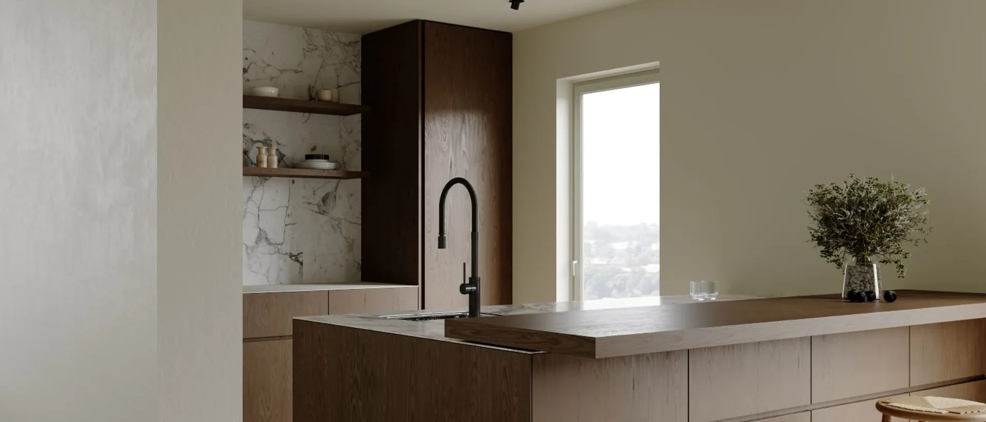 European Ash Collection — Herringbone — kitchen island and stools, ash herringbone floor
