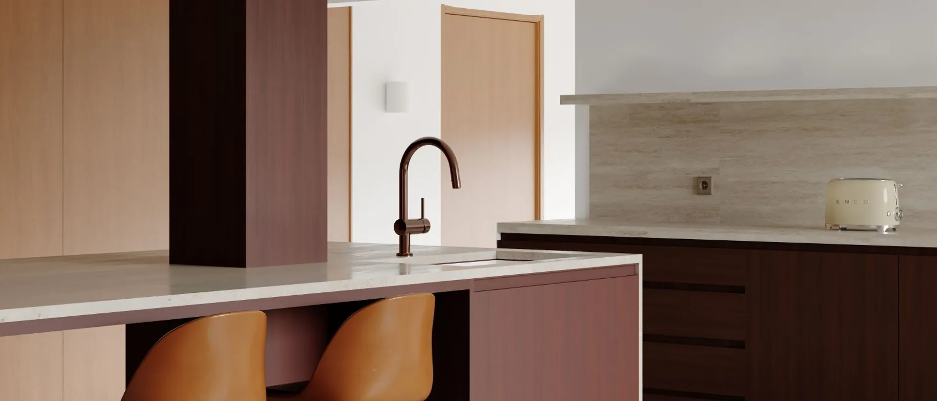 European Ash Collection — Plank — kitchen with red island, straight ash plank floor