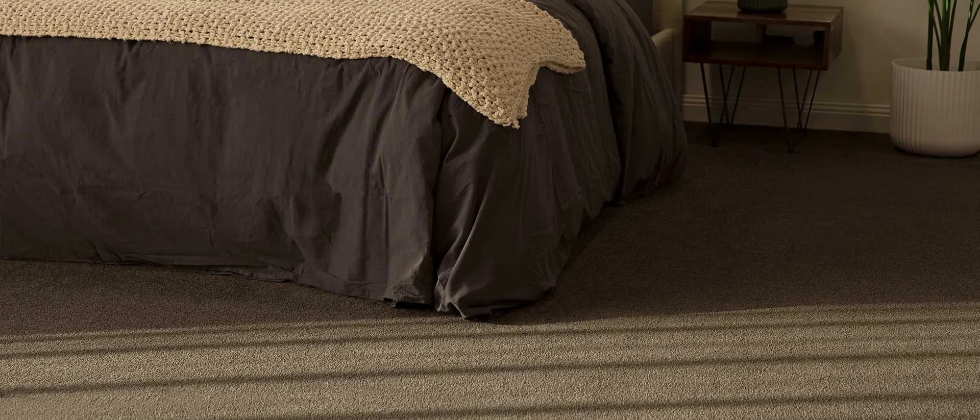 Comfort Touch — bedroom, bed with throw, nightstand, lamp, plant