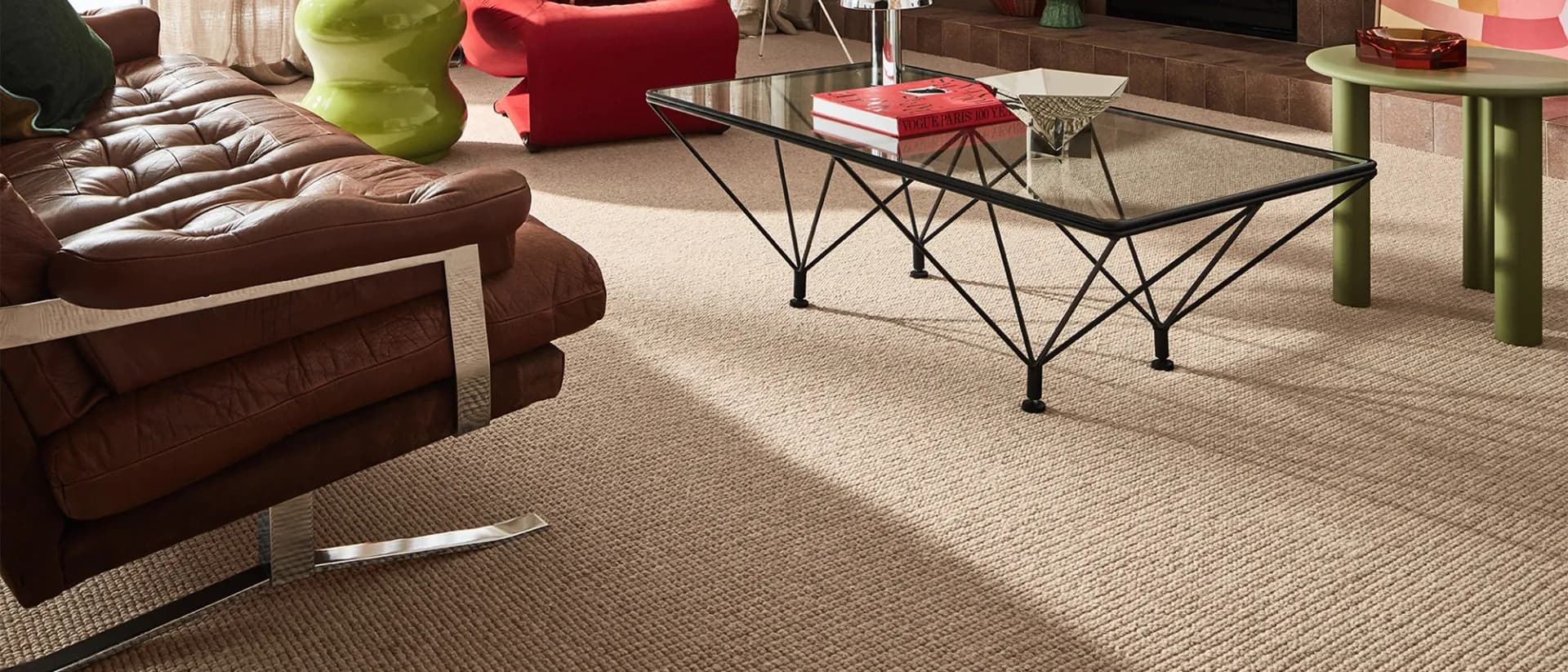 Ashgrove — retro lounge, brown leather sofa, glass coffee table