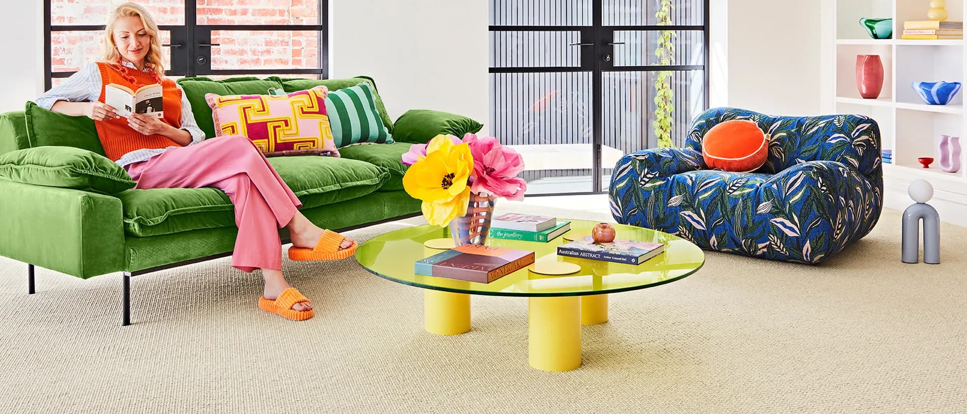 Barleystone — colourful living room, green velvet sofa
