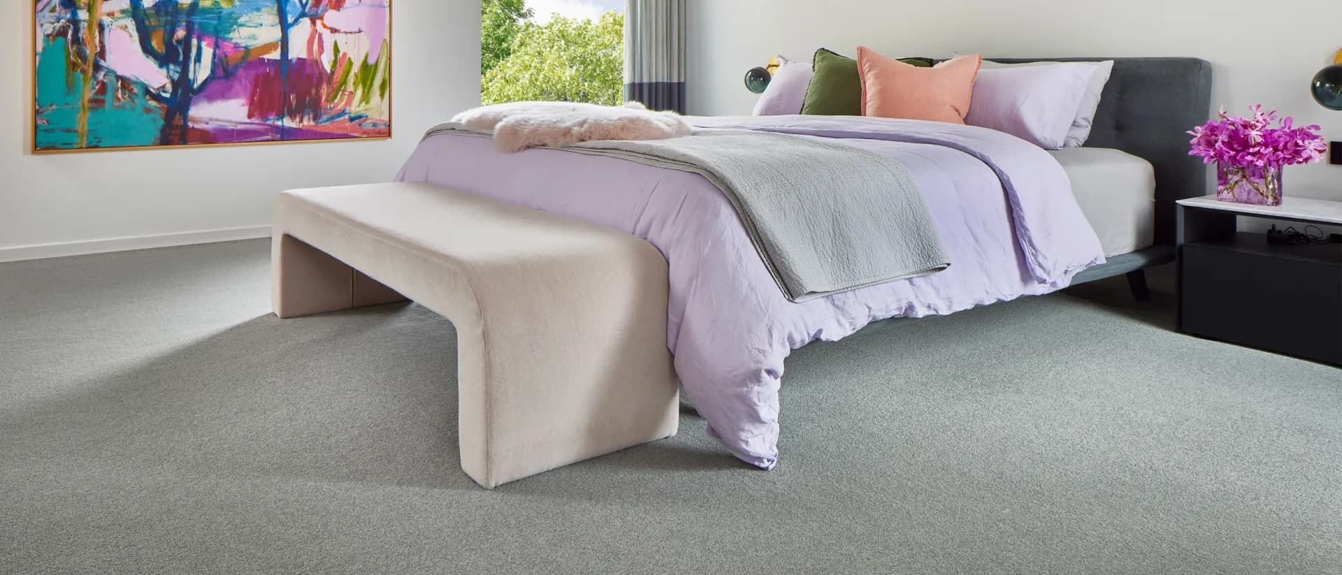 Hemisphere — bedroom with lilac linen bedding and grey plush carpet