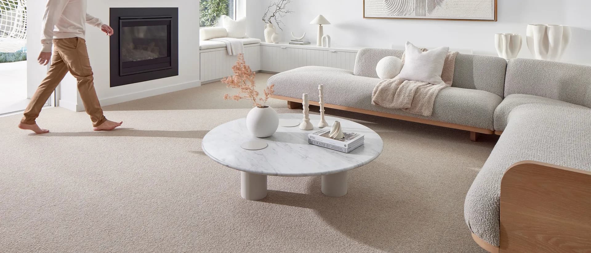Spinifex — bright white living room, boucle sectional sofa