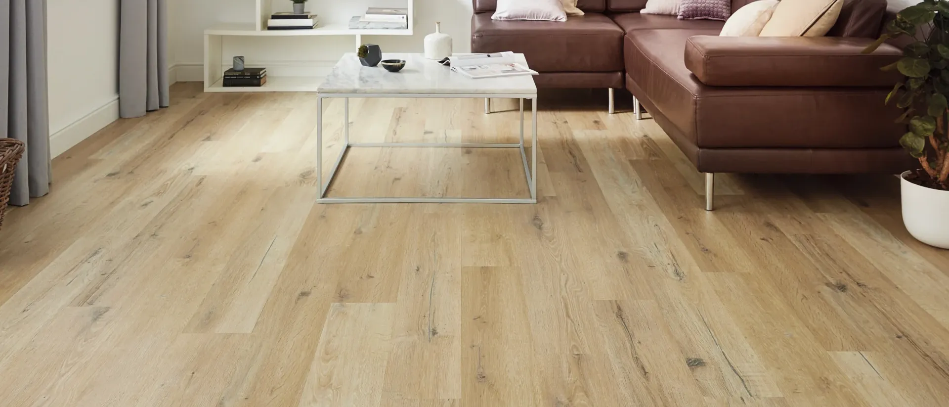 Knight Tile Gluedown — living room, brown sofa, blond character oak planks