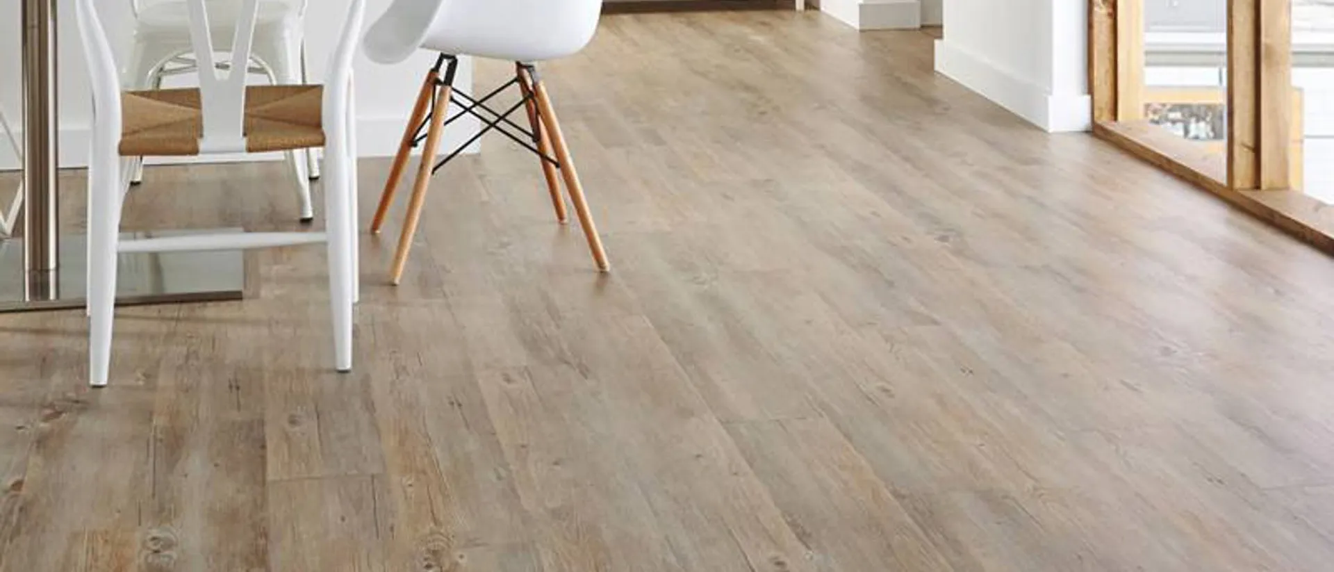 Van Gogh Gluedown — white dining room, glass doors, country oak planks