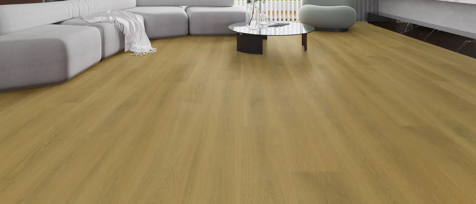 Cascade — modern lounge, sheer blinds, honey-toned longboard floor