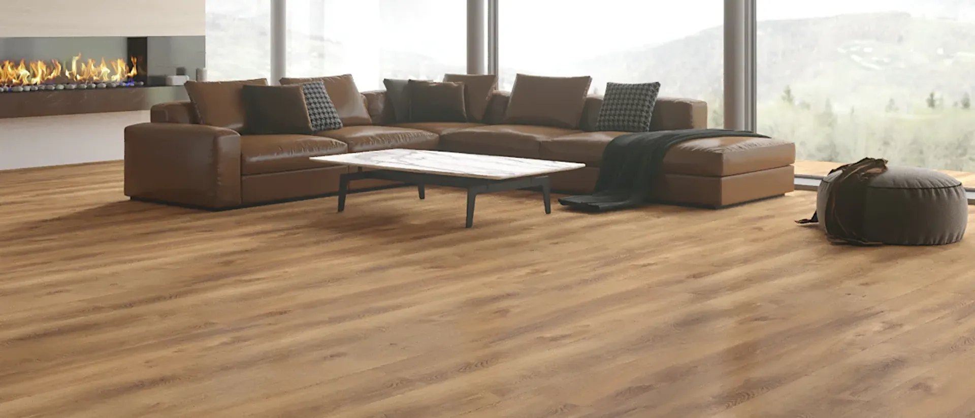 Reaction — alpine living room, fireplace, warm mid-brown floor