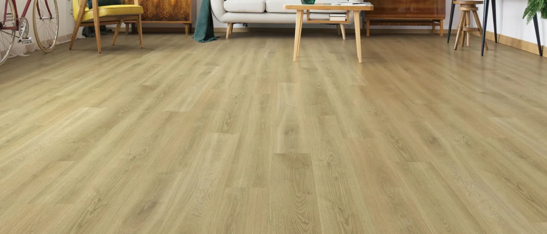 Stella — mid-century living room, gallery wall, natural oak floor