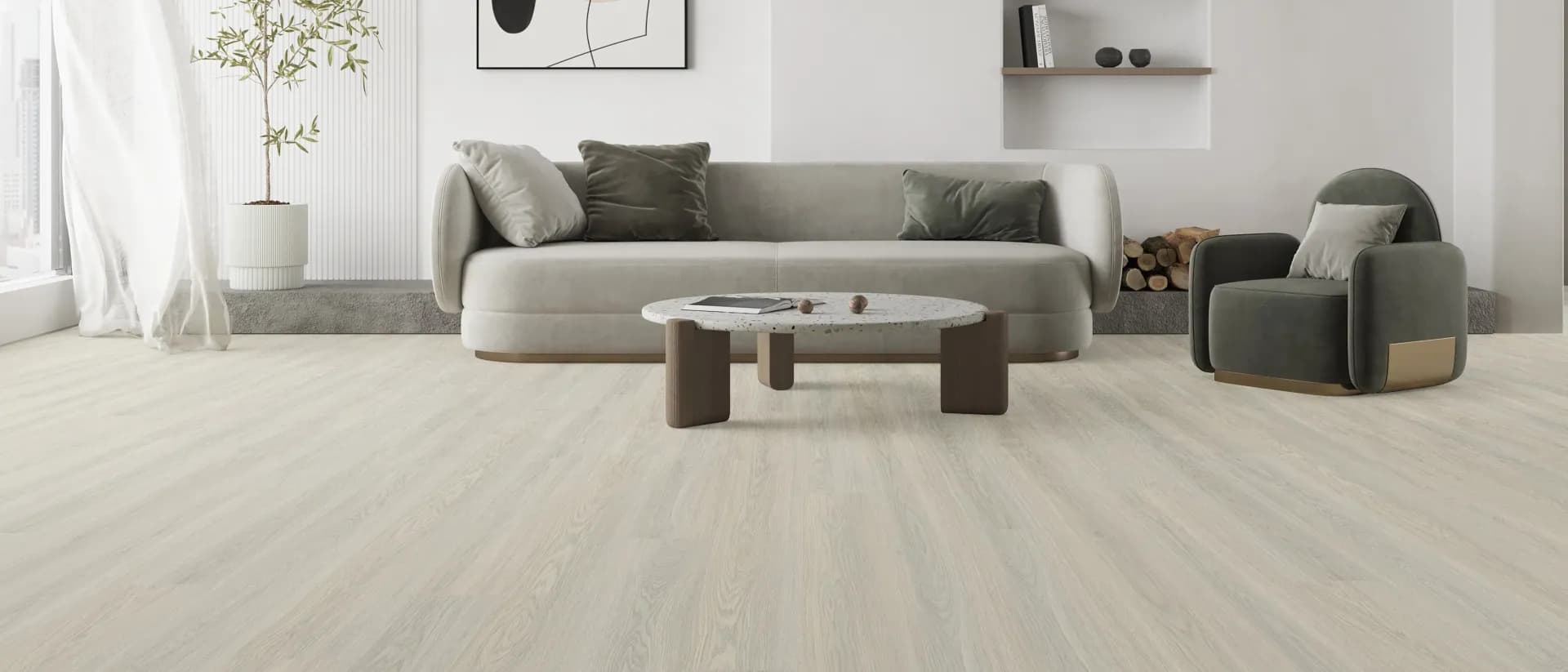 Sunvista — soft neutral living room, curtained window, pale floor