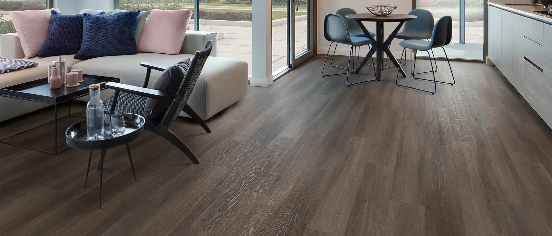Expona Superplank PUR — apartment living and dining, dark plank floor