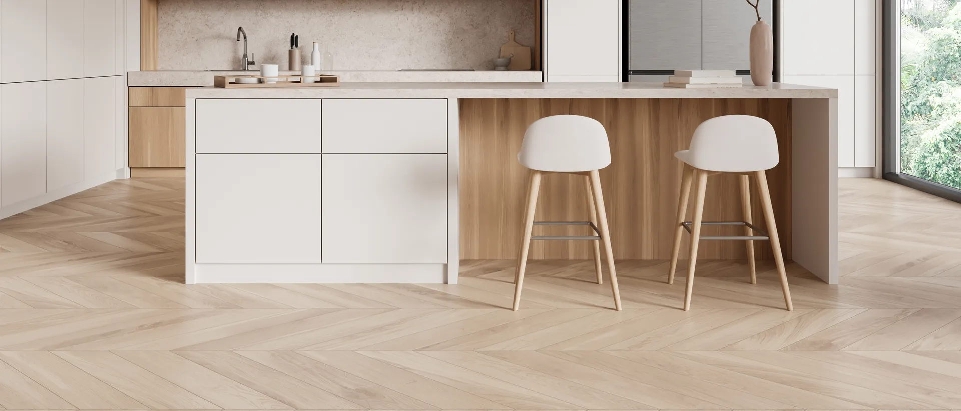 MiPlank — minimal kitchen island, wide herringbone timber floor