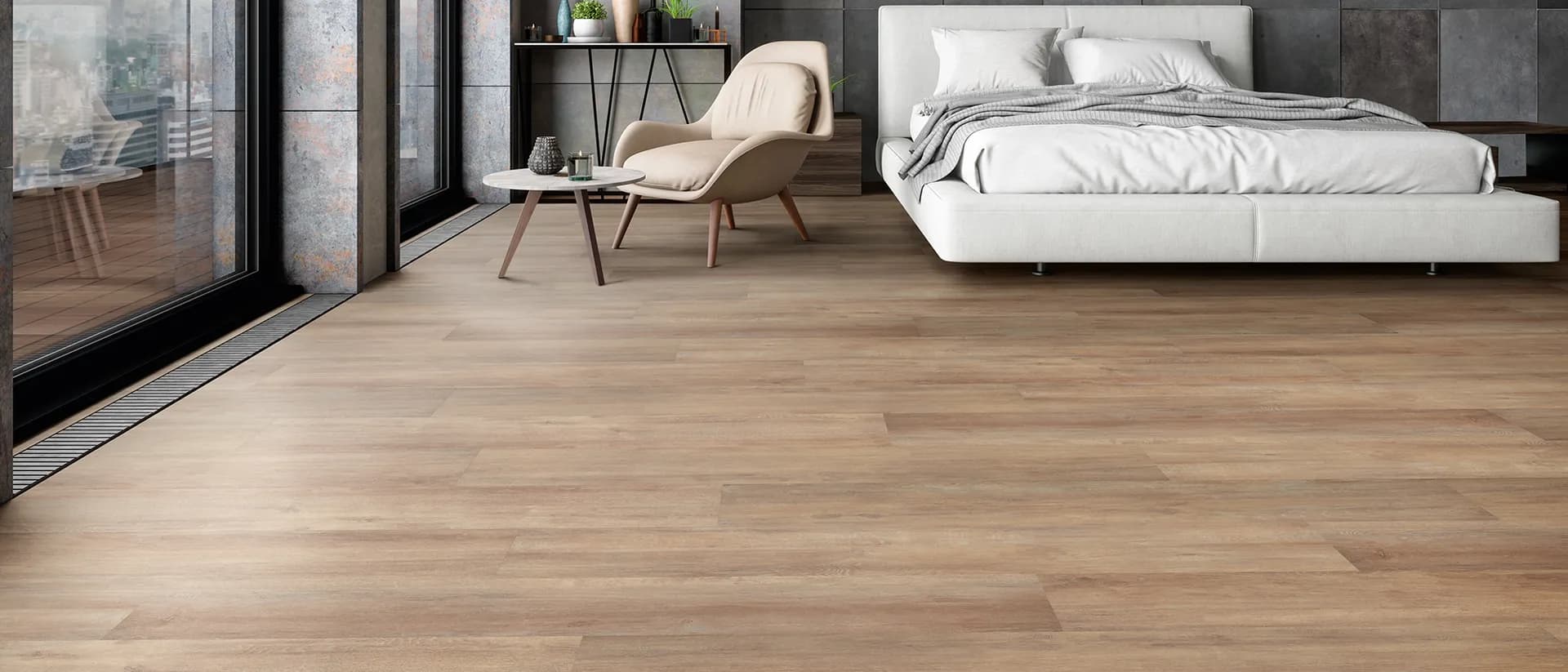 MiPlank Acoustic — bedroom with city view, warm grey-gum plank floor