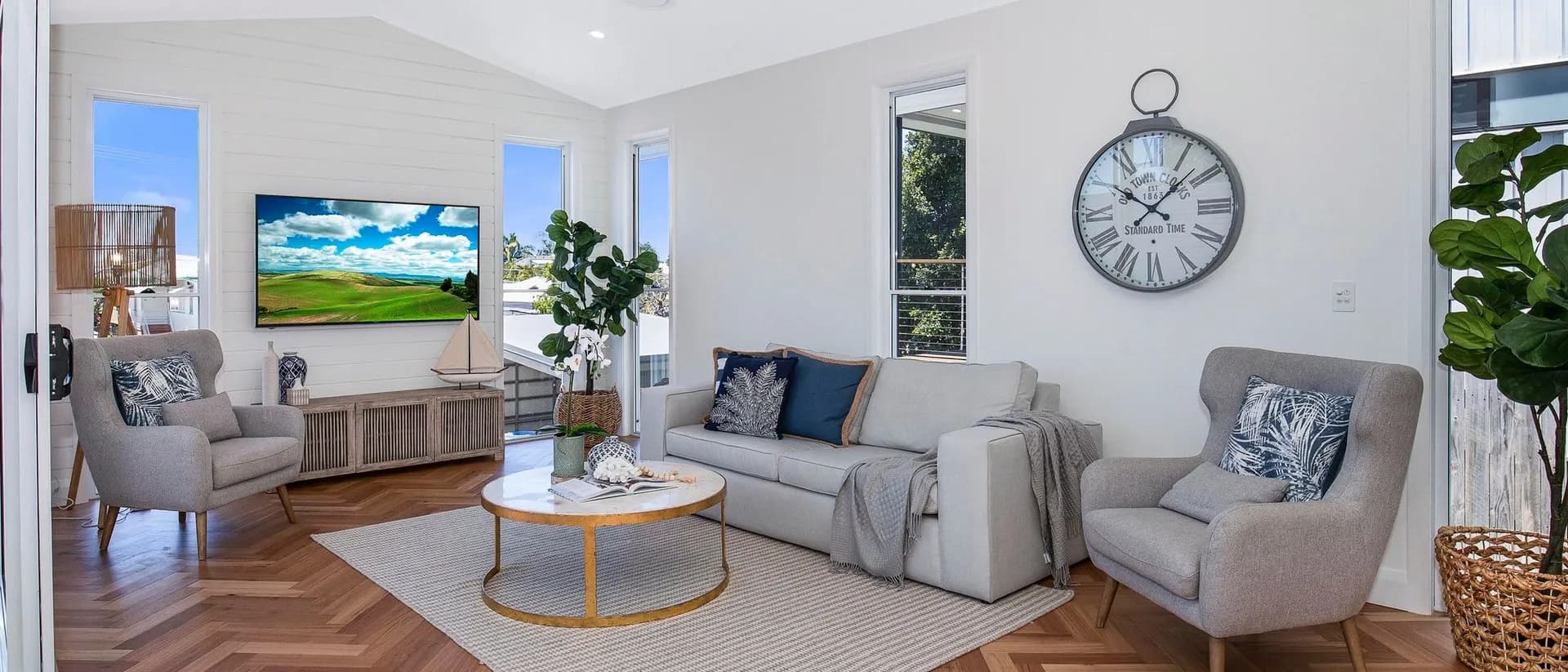 Fiddleback Australian Hardwood — living room on blackbutt herringbone parquetry