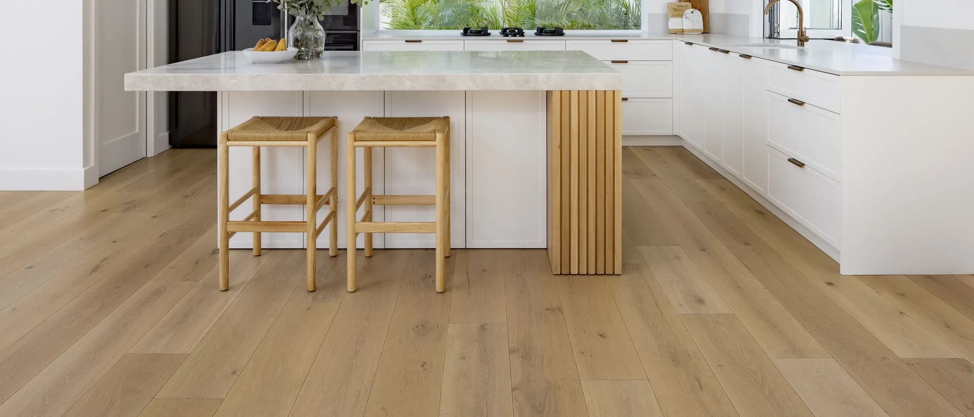 Prestige Oak — wide kitchen, oak boards filling the lower frame
