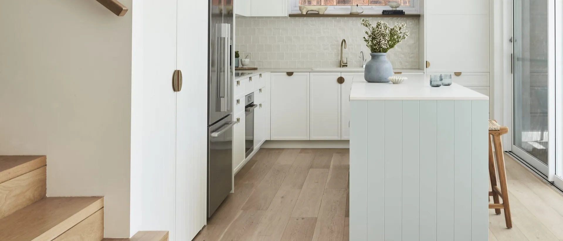 Pronto Engineered Oak — coastal kitchen with stairs, pale oak boards