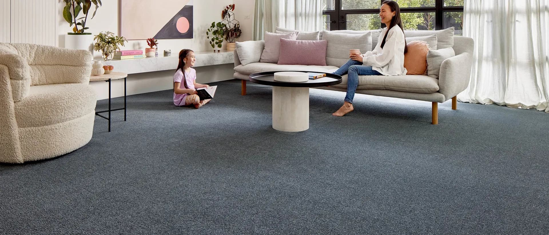 Coonawarra — bright living room with blue-grey carpet
