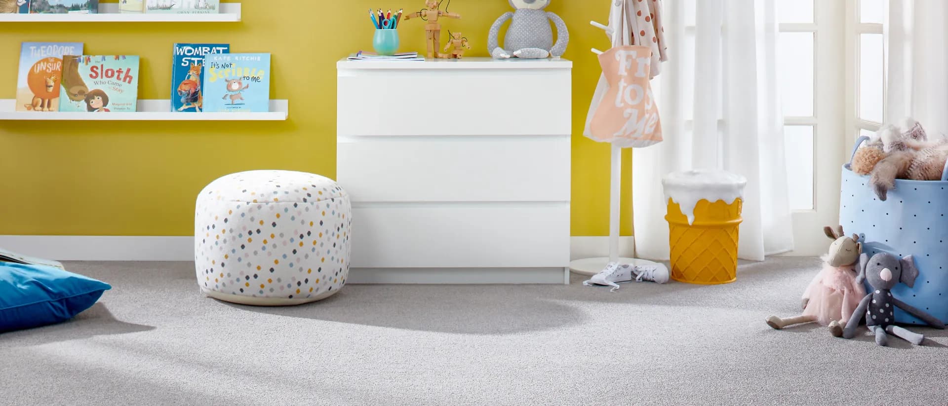 Endless Charm — child's bedroom, yellow wall, grey carpet