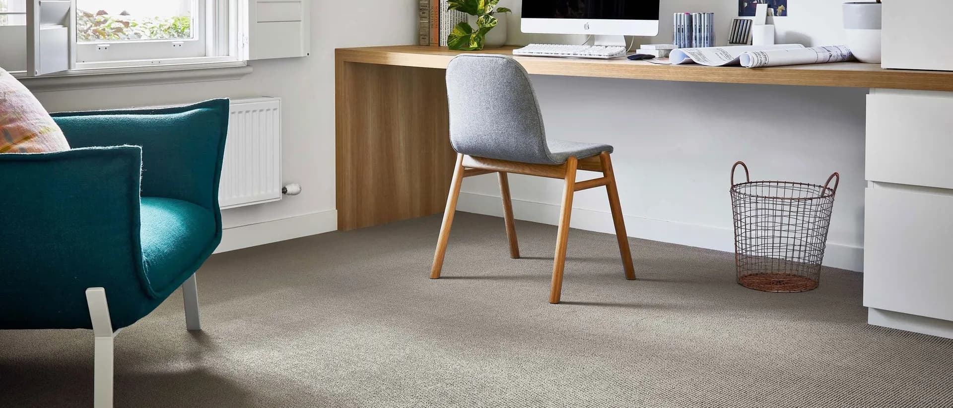 Ribcord — home office with timber desk and grey carpet
