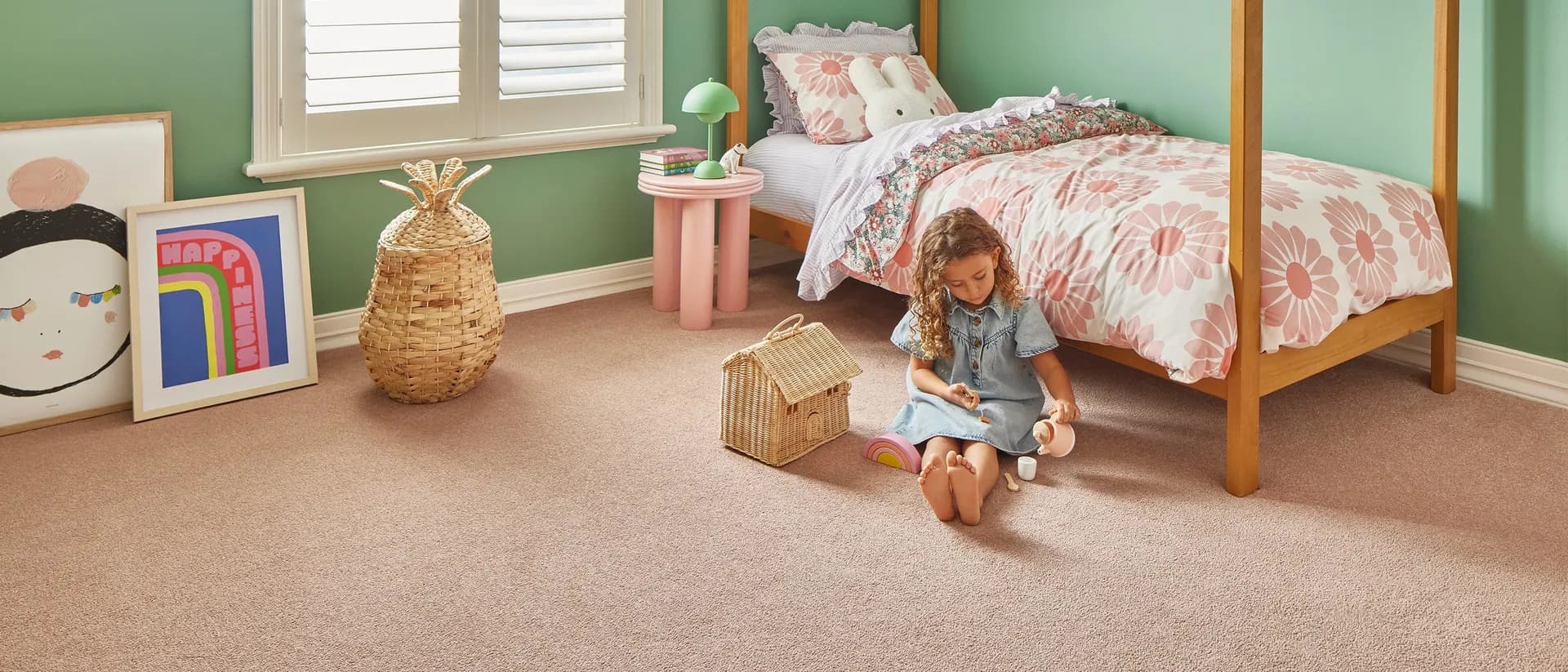 Scenic View — green bedroom with blush pink carpet